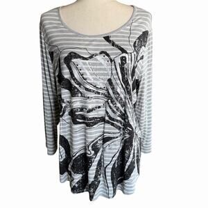 Zenergy Striped Flower Tee 3/4 Sleeve Top Grey Sz 2 Large Casual Career NWT